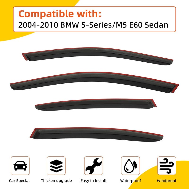 PLDDE Rain Guards Compatible with 2004-2010 BMW E60 5-Series 4-Door Sedan M5 525 528 530 535 545 550 i xdrive xi Tape-On Side Window Visor Wind Deflector Vent Visors Car Accessories - Image 2